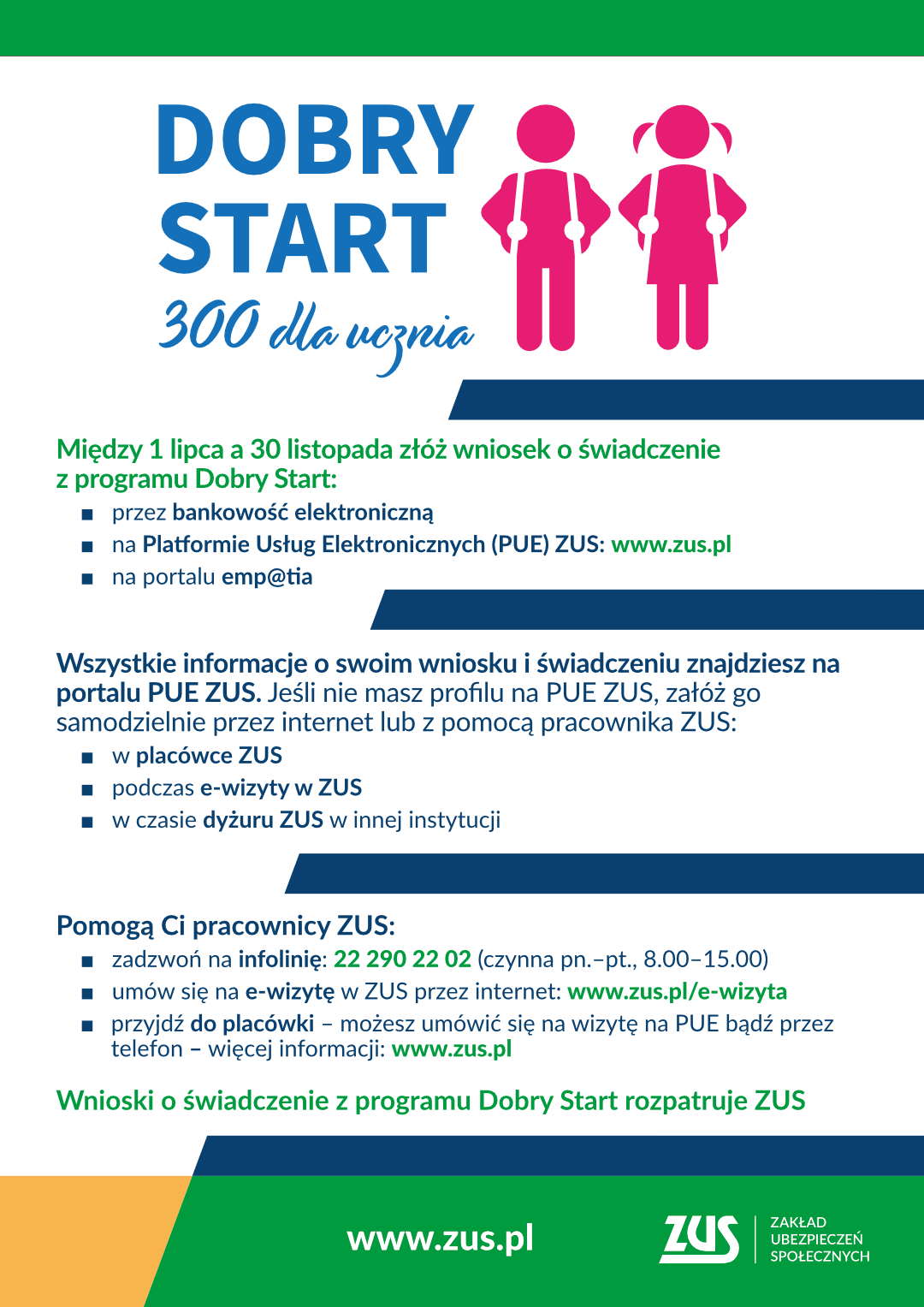 Informacja o składaniu wniosków w programie "Dobry Start" na stronie internetowej ZUS